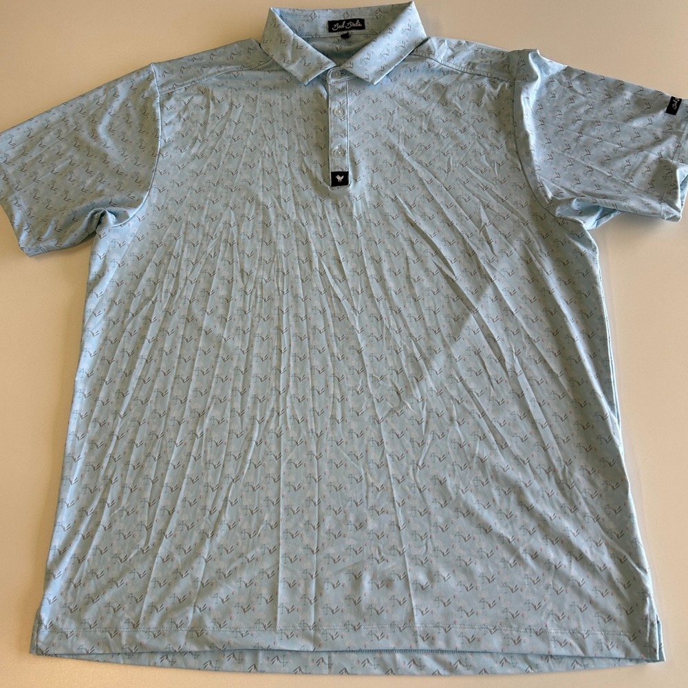 Bad Birdie Mens 2XL Flamingo Performance Golf Polo Shirt Light Blue Short Sleeve